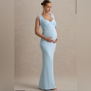 Club London SHEEN POWDER BLUE SWEETHEART BOW STRAP MATERNITY MIDI DRESS size 4 S